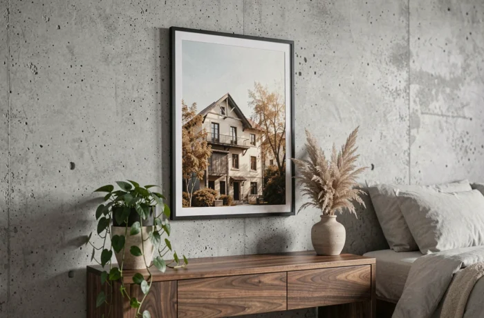 Chambre minimaliste avec grande photographie encadrée sur mur en béton brut, table de nuit en noyer et plantes séchées décoratives