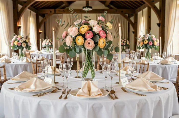 Table de mariage chic décorée de roses, vaisselle dorée et bougies dans une salle de réception élégante
