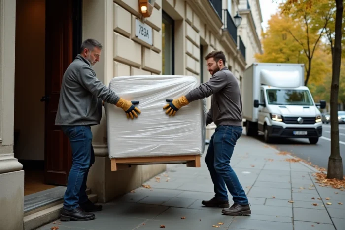 Deux déménageurs portant un canapé emballé hors d'un immeuble haussmannien vers un camion de déménagement
