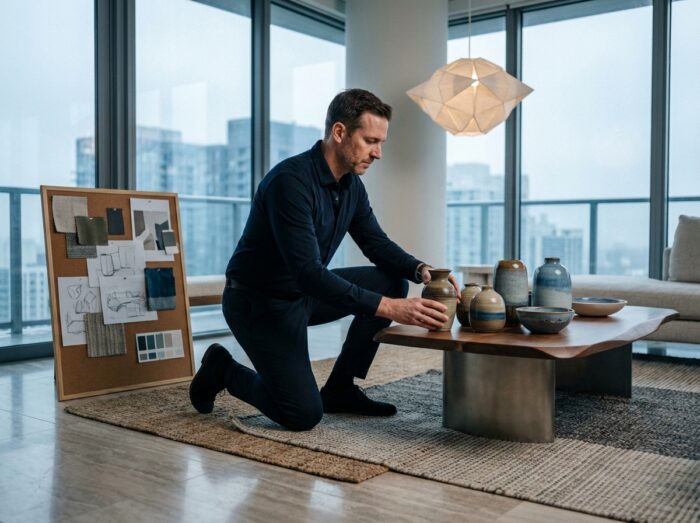 Designer d'intérieur masculin arrangeant des objets décoratifs dans un salon haut de gamme avec vue urbaine