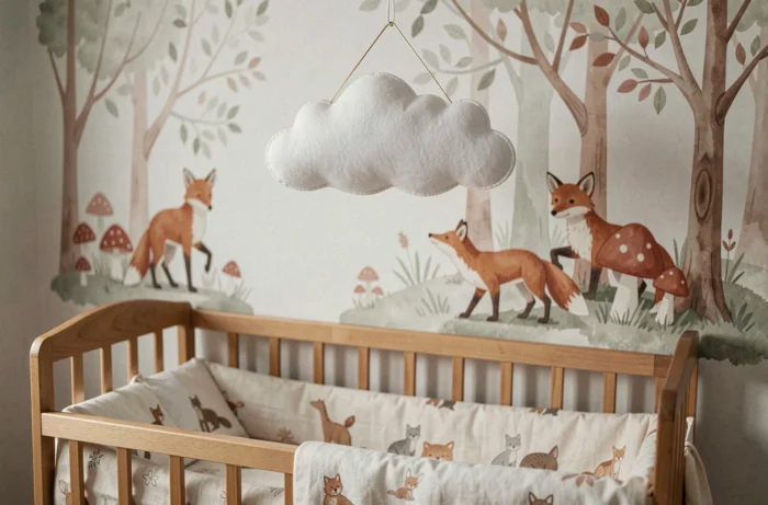 Détail d'une chambre de bébé avec un mobile nuage en feutre fait main, un lit en bois et une fresque murale de forêt en tons terreux