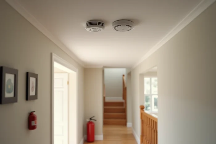 Détecteur de fumée et alarme à monoxyde de carbone installés au plafond d'un couloir résidentiel avec un extincteur au mur