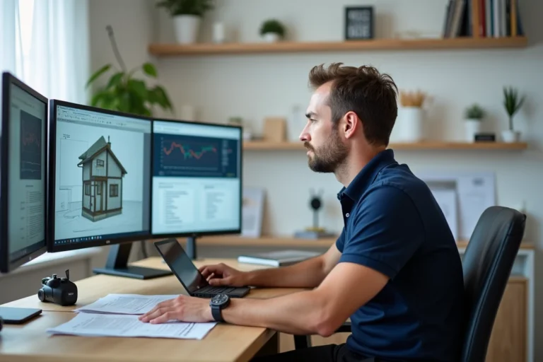 Diagnostiqueur immobilier utilisant un logiciel de diagnostic sur ordinateur dans son bureau professionnel