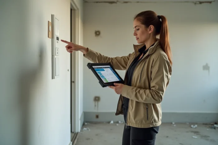 Diagnostiqueure immobilière utilisant une application logicielle sur tablette lors d'un diagnostic en appartement