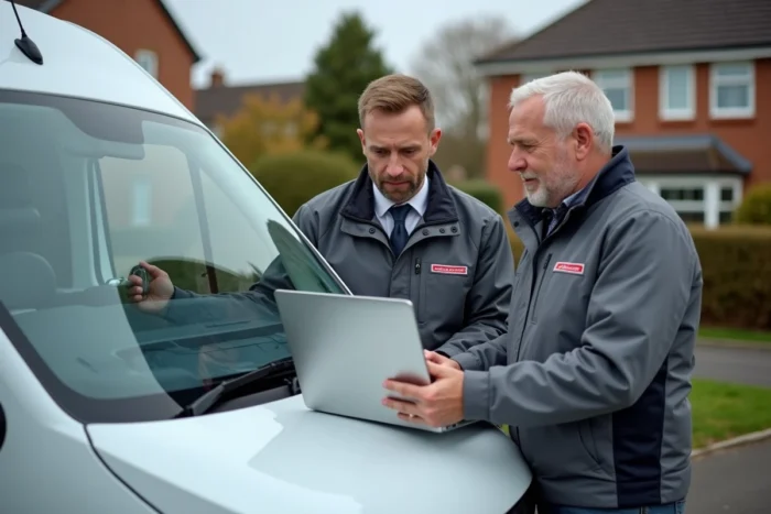 Deux diagnostiqueurs immobiliers comparant des logiciels de diagnostic sur un ordinateur portable devant leur véhicule professionnel