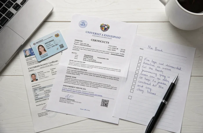 Vue en plongée des documents nécessaires pour une demande de prêt étudiant sur un bureau