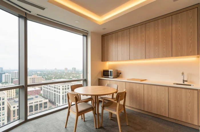 Salle de pause baignée de lumière naturelle avec éclairage LED blanc chaud sous les meubles hauts pour compléter la lumière du jour