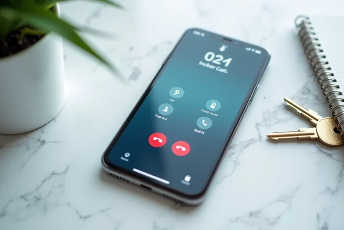 Écran de smartphone affichant une interface de blocage d'appel pour le numéro 0162 sur un comptoir en marbre