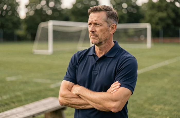 Portrait d'un entraîneur de football discret et concentré en bord de terrain lors d'une séance d'entraînement