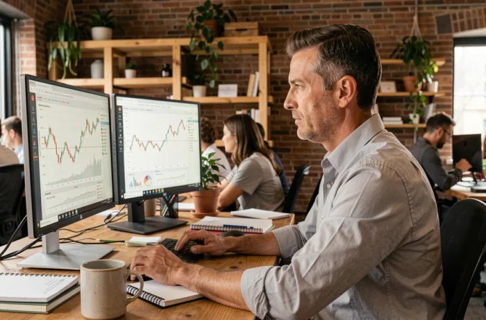 Entrepreneur analysant des tendances économiques et des graphiques financiers dans un espace de coworking