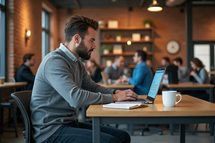 Un entrepreneur utilise un essai gratuit du CRM HubSpot sur son ordinateur portable dans un espace de coworking moderne