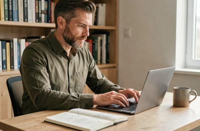 Entrepreneur travaillant sur les nouvelles tendances business depuis son bureau à domicile en 2024