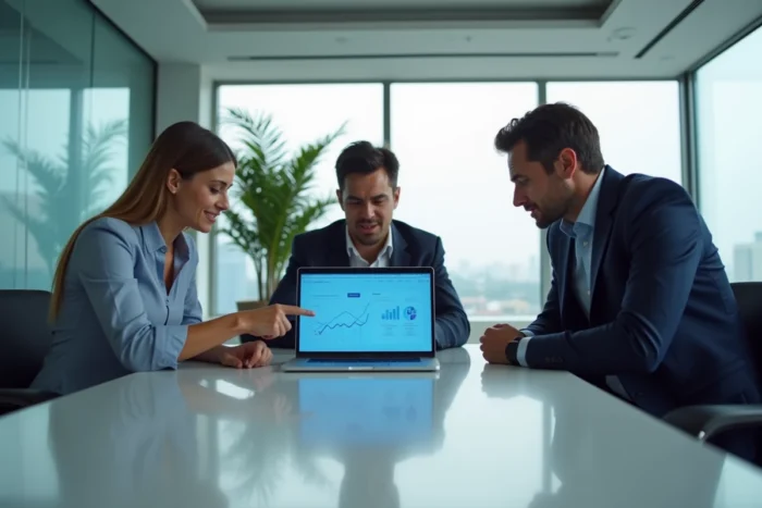 Une équipe de professionnels en réunion autour d'un ordinateur portable pour évaluer gratuitement le CRM HubSpot