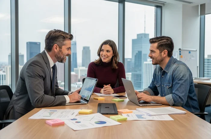 Équipe de professionnels en réunion stratégique pour booster leur entreprise en 2024