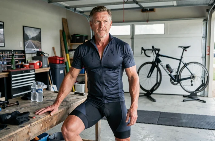 Cycliste homme s'étirant les quadriceps dans un garage après un entraînement sur home trainer