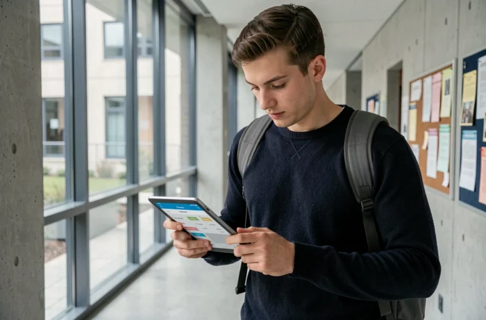 Étudiant consultant son emploi du temps sur tablette dans un couloir de campus universitaire