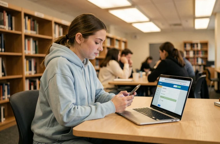 Étudiante consultant l'application Esterel sur son smartphone dans une bibliothèque universitaire moderne