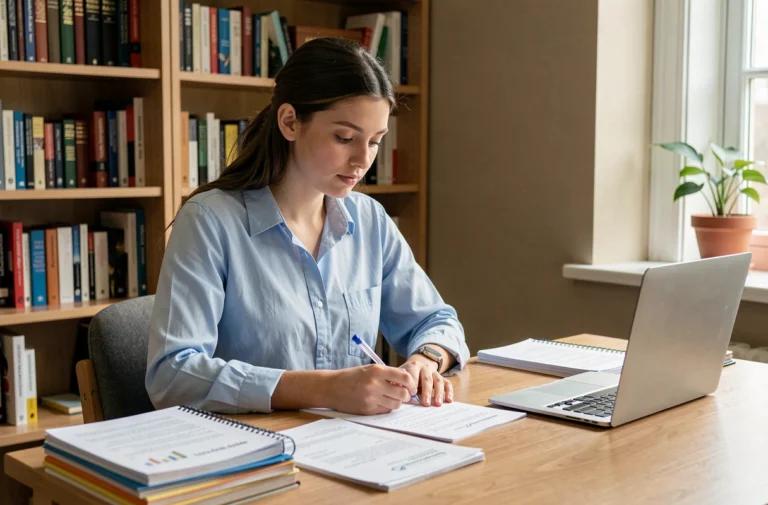 Jeune étudiante organisant ses documents pour une demande de prêt étudiant à son bureau
