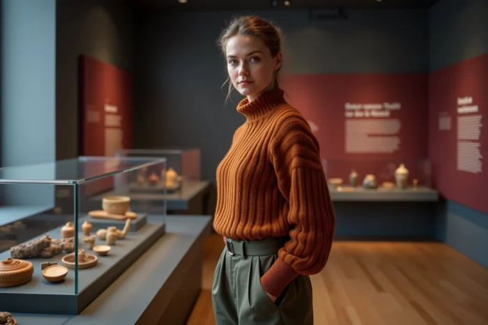 Jeune femme admirant des artefacts culturels dans une salle d'exposition du musée Bozar à Bruxelles