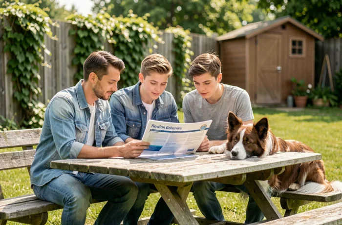Famille avec un border collie consultant une brochure d'assurance animaux dans un jardin familial