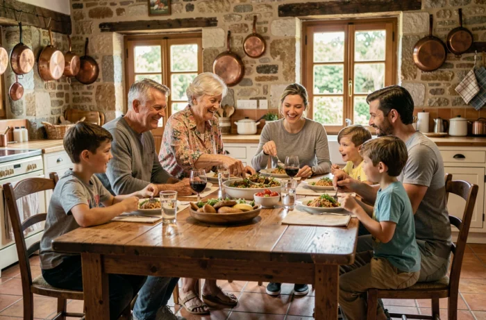 Famille multigénérationnelle réunie autour d'un repas dominical dans une cuisine de campagne française