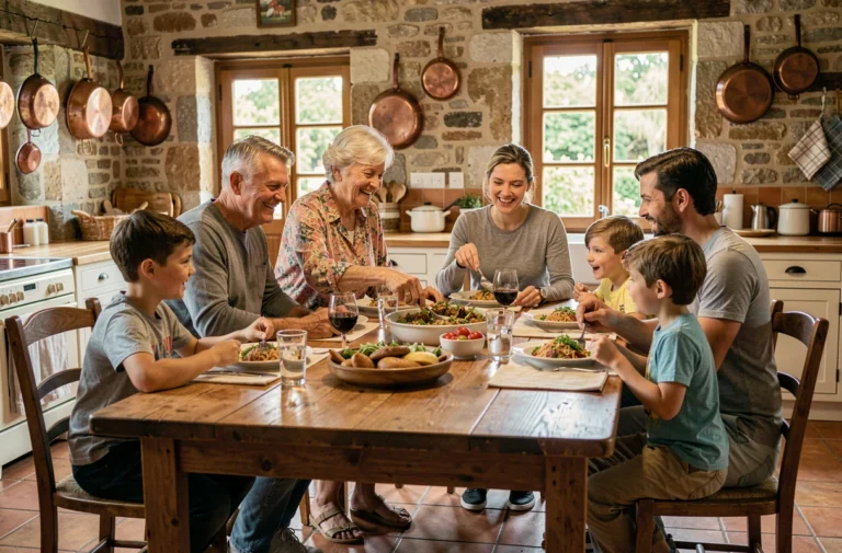 Famille multigénérationnelle réunie autour d'un repas dominical dans une cuisine de campagne française