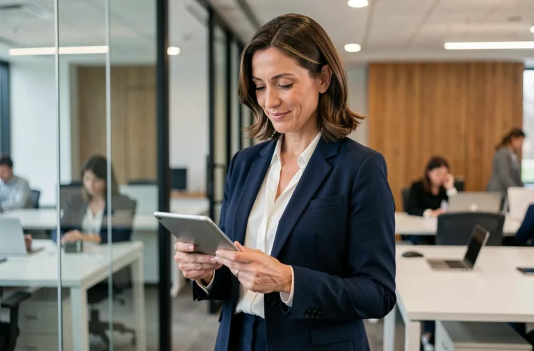Femme d'affaires professionnelle consultant une tablette dans un bureau moderne et lumineux
