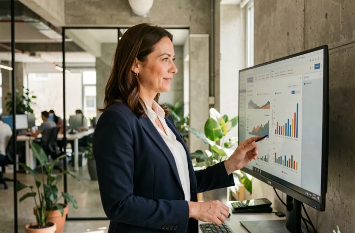 Femme d'affaires analysant des tendances business sur un écran dans un bureau moderne en 2024