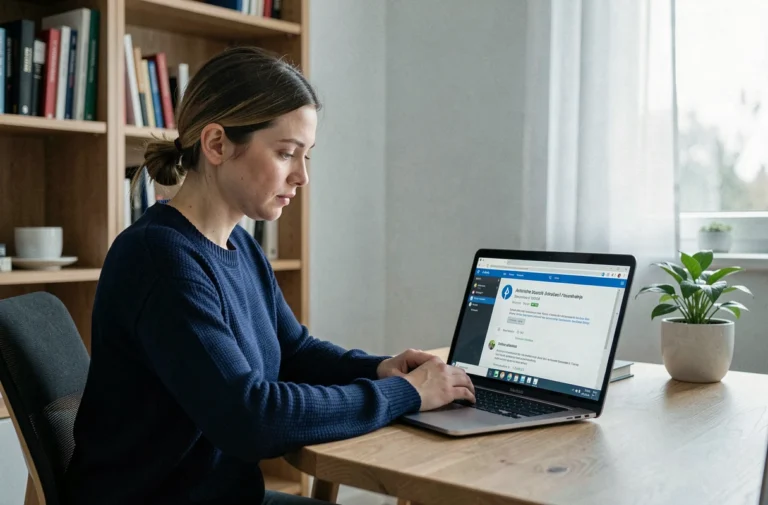 Femme utilisant un logiciel antivirus sur son ordinateur portable pour protéger ses données contre les cybermenaces