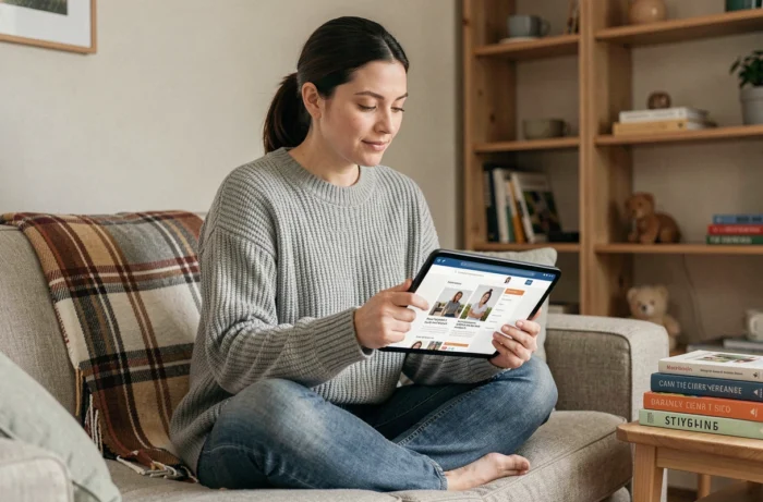 Femme parcourant un blog de ressources pour mamans sur une tablette depuis son salon confortable