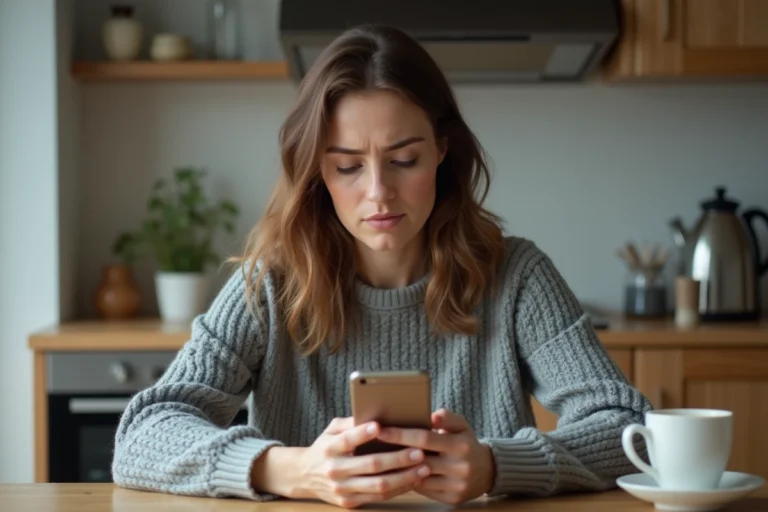 Femme frustrée regardant son smartphone pour bloquer un appel indésirable au numéro 0162