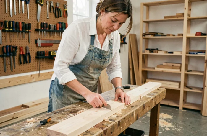 Femme en tablier de bricolage mesurant une planche en bois dans un atelier de maison bien organisé