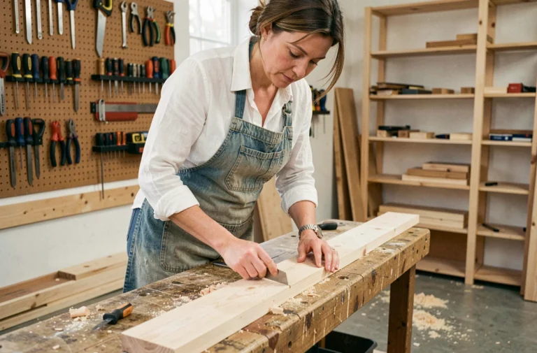 Femme en tablier de bricolage mesurant une planche en bois dans un atelier de maison bien organisé