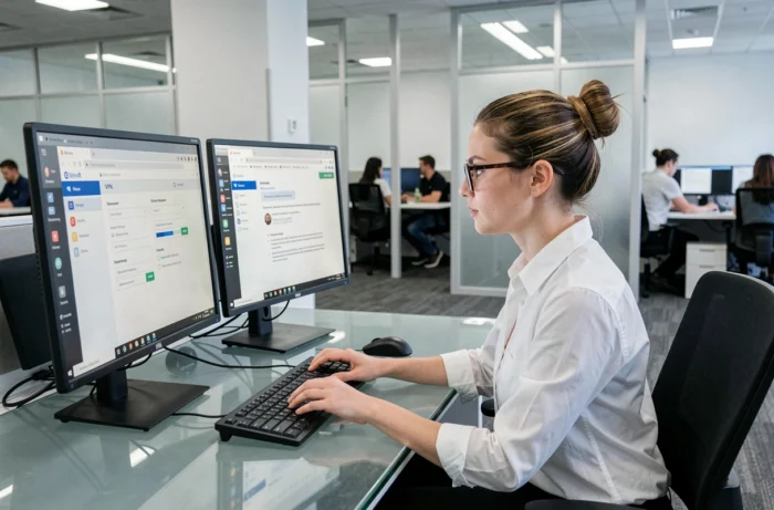 Femme en bureau utilisant un VPN sur deux écrans pour contourner les restrictions d'accès à une plateforme en ligne comme BIM VUP