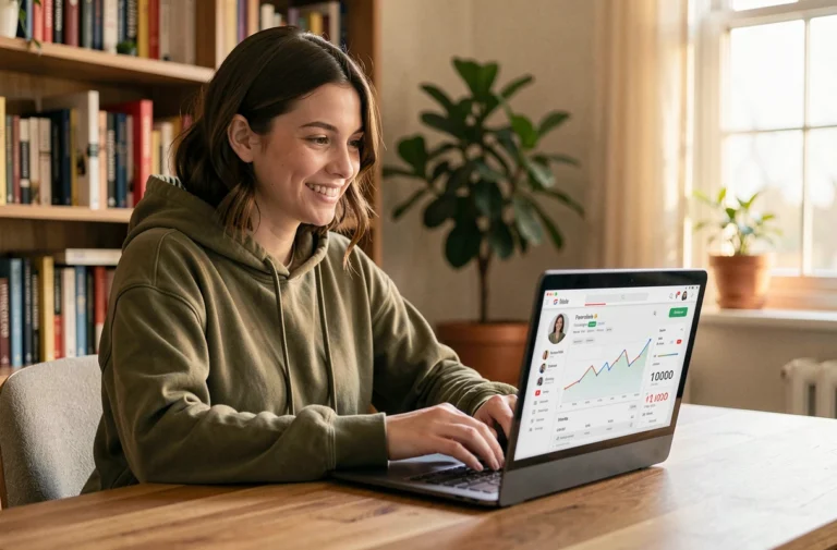 Jeune femme souriante devant un tableau de bord YouTube montrant une progression vers 1000 abonnés sur son ordinateur portable dans un bureau à domicile