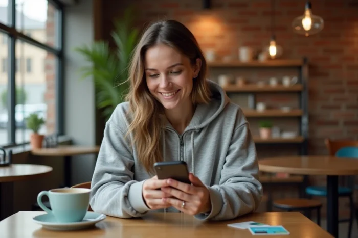 Une femme consulte son application Basic Fit pour partager son code de parrainage avec ses proches dans un café