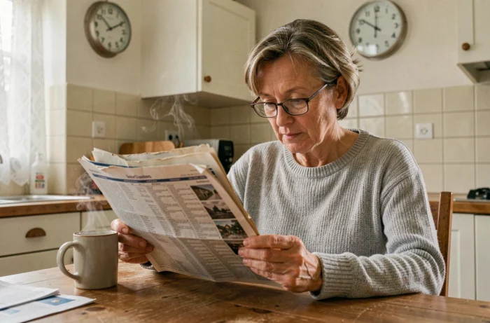Femme consultant un annuaire téléphonique des pages blanches à la maison