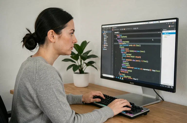 Femme consultant un sitemap XML sur un écran d'ordinateur dans un bureau moderne pour optimiser la navigation web