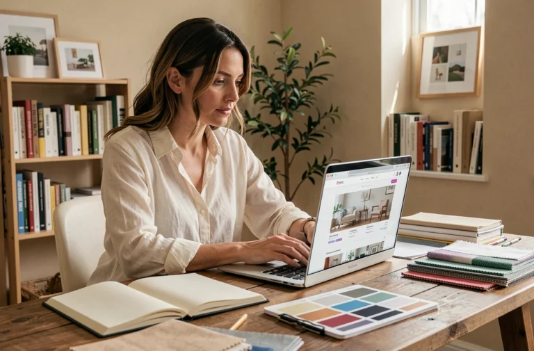 Femme consultant un service de décoration intérieure à petit prix sur son ordinateur portable depuis son bureau à domicile