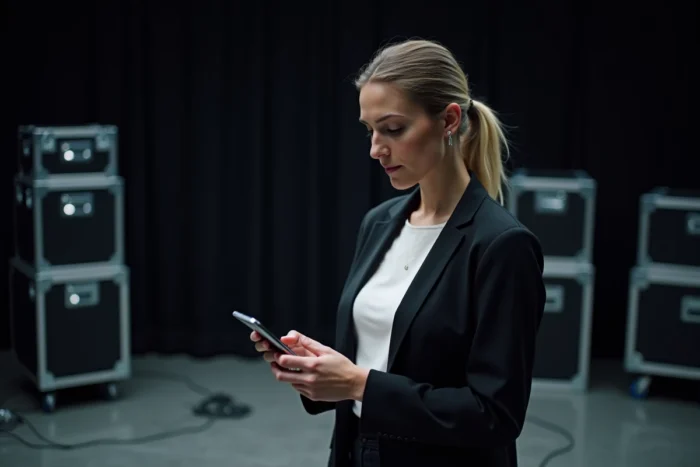 Femme consultant son téléphone en coulisses d'une salle de spectacle, évoquant les rumeurs médiatiques autour de personnalités comme Jenifer en 2026