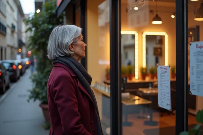 Femme d'âge mûr consultant la liste des prix devant un salon de coiffure abordable à Lyon