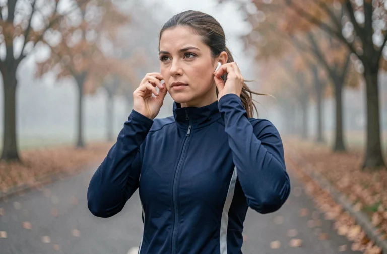 Femme en tenue de running ajustant ses écouteurs avant une course matinale dans un parc urbain automnal