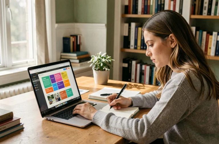Femme prenant des notes lors d'une formation en ligne sur son ordinateur portable dans un bureau à domicile