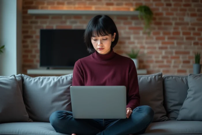 Femme passionnée de technologie consultant des actualités geek sur son ordinateur portable dans un salon moderne