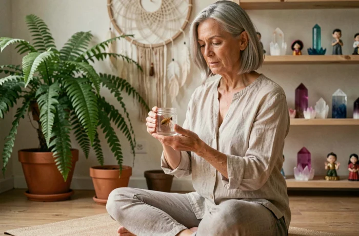 Femme méditant avec un bocal contenant une puce, entourée de cristaux et de symboles spirituels dans un espace zen