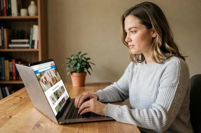 Femme consultant la carte du site Chabadog sur un ordinateur portable dans un bureau à domicile