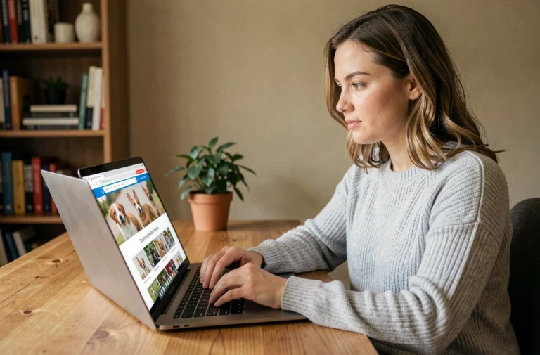 Femme consultant la carte du site Chabadog sur un ordinateur portable dans un bureau à domicile