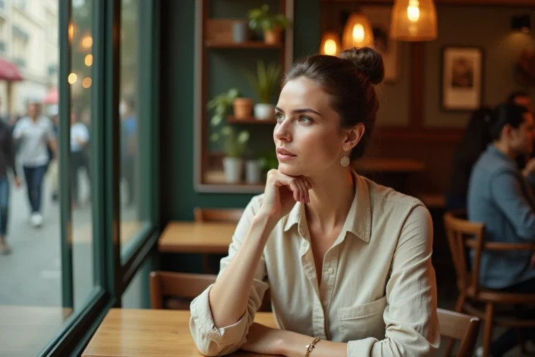 Femme pensive assise seule dans un café parisien, illustrant les rumeurs et la vie personnelle de personnalités publiques en 2026