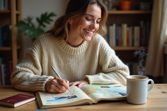 Femme planifiant un voyage avec un journal de voyage, une carte et un passeport sur une table en bois