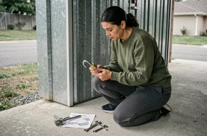 Femme examinant un cadenas à double verrouillage avant de l'installer sur une porte de cabanon métallique